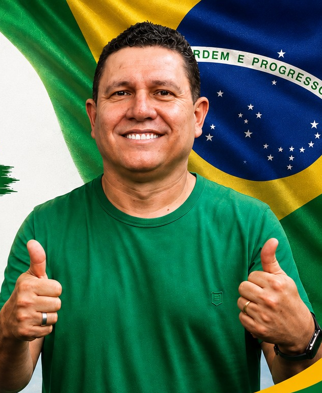 Eron Cabral, candidato a Deputado Federal 1800, com os dois braços erguidos em positivo, bandeira do Brasil ao fundo